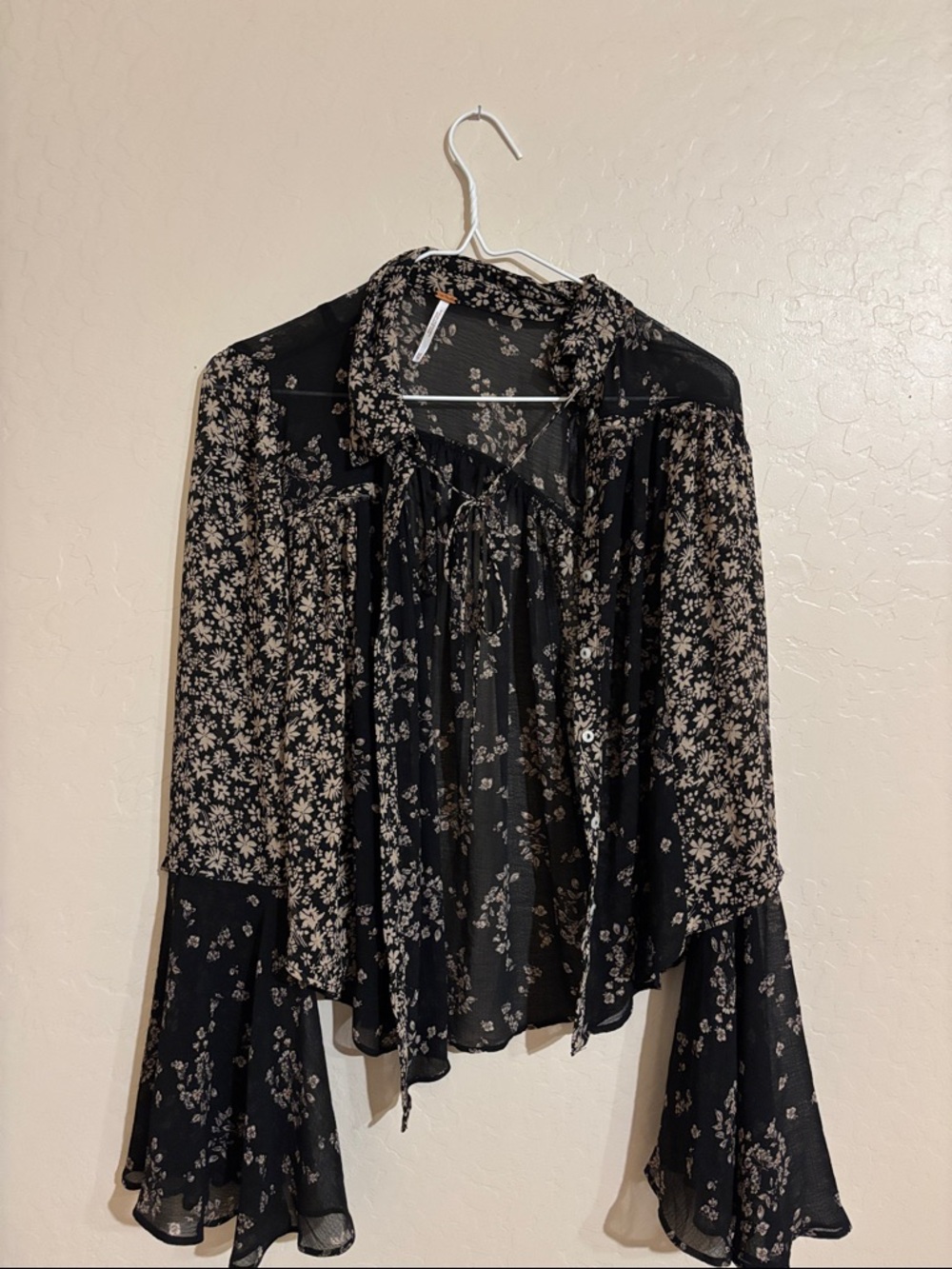 Floral Tie-Neck Sheer Blouse - Black/Cream